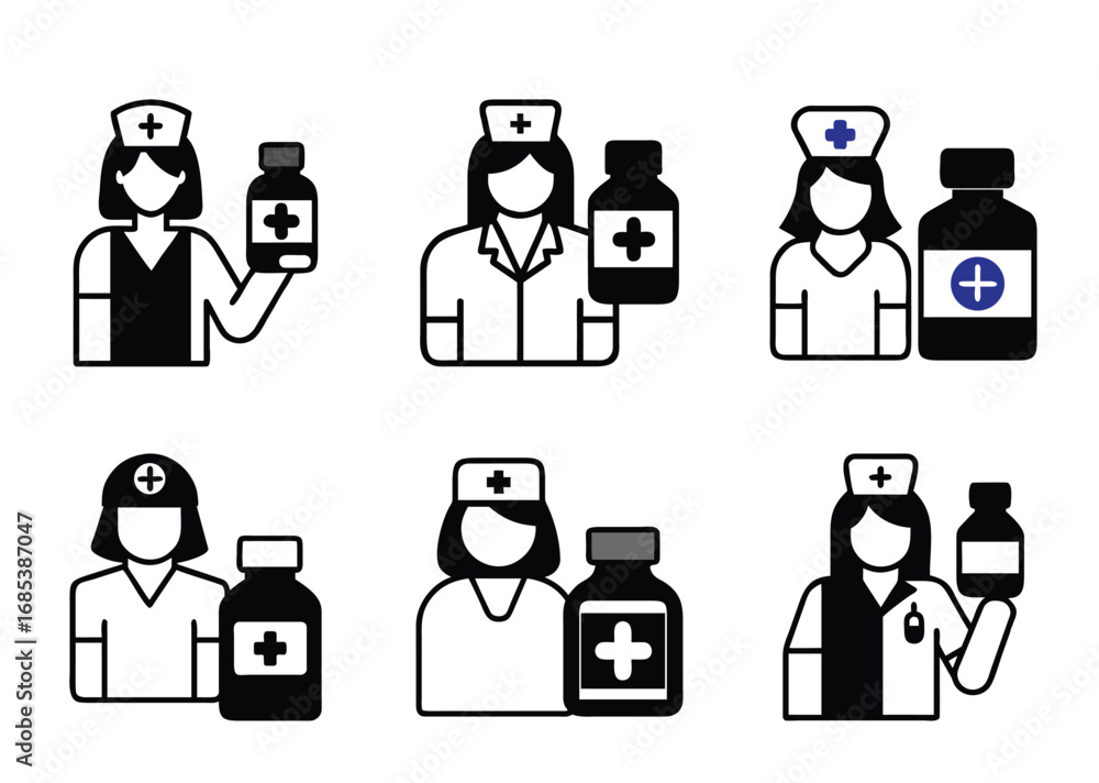 Fototapeta premium Illustrations of healthcare providers with a bottle of medicine icons set