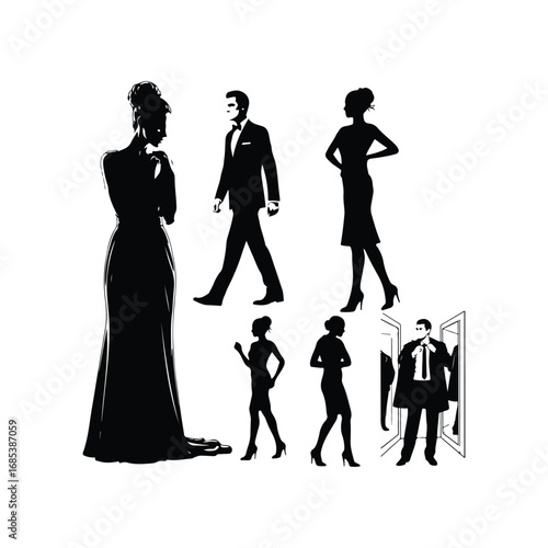 Black silhouette figures of men and women in formal attire and elegant dresses people woman