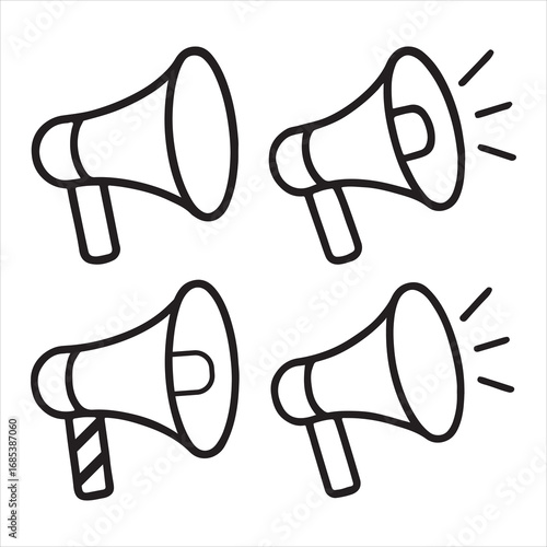 Four hand drawn megaphones announcing loudly with sound waves silhouette white background