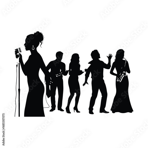 Silhouette of a jazz band with a female singer and saxophone player music