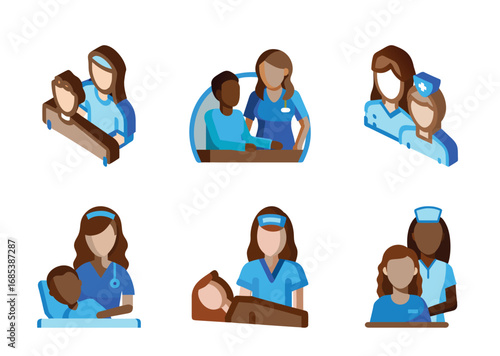 Isometric illustrations depicting nurses with diverse patients and colleagues in various settings