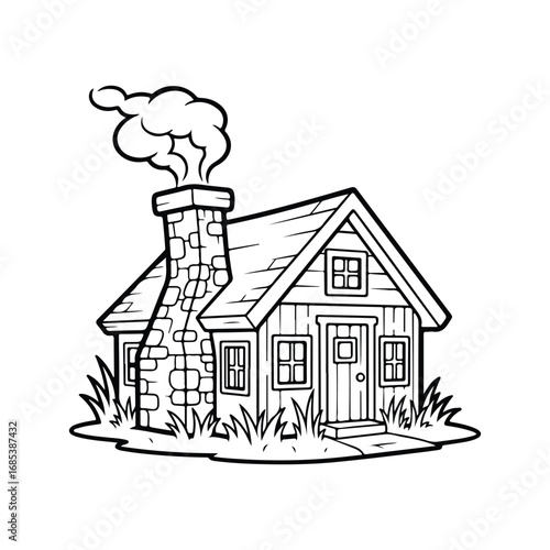 Black and white illustration of a cozy cabin with smoke coming from the chimney house home