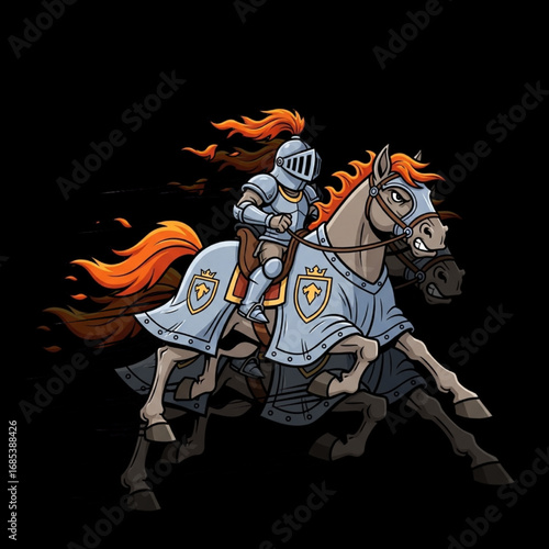 Knight on Horse Mascot Vector Medieval Armored Warrior Riding Charger Logo Illustration