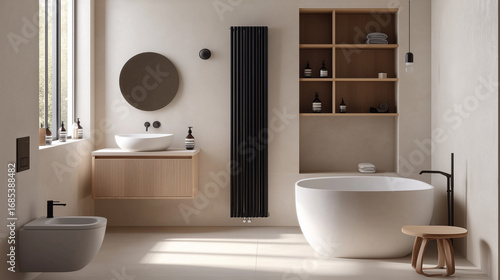 “Luxury Modern Bathroom Interior with Bathtub, Twin Sinks and Wooden Accents – 3D Rendering with City View”