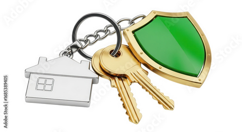 House keys with shield and house keychain isolated on transparent background