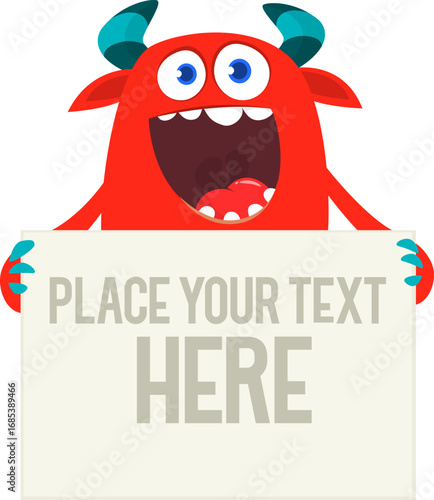 Catoon funny monster character holds banner paper sign for advertisement. Halloween illustration