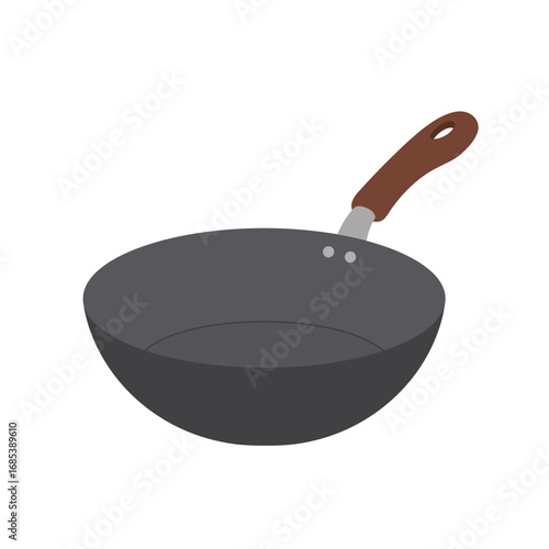 A simple modern illustration of a black wok with a brown wooden handle isolated on a white background perfect for culinary themes