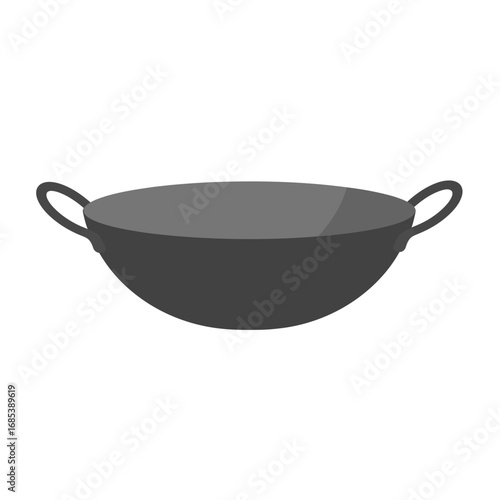 A simple stylized illustration of a traditional black wok with two handles isolated on a white background for culinary use