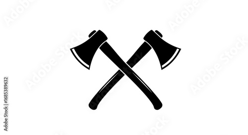Two crossed antique woodcutting axes with textured handles and sharp blades displayed against a clean white background