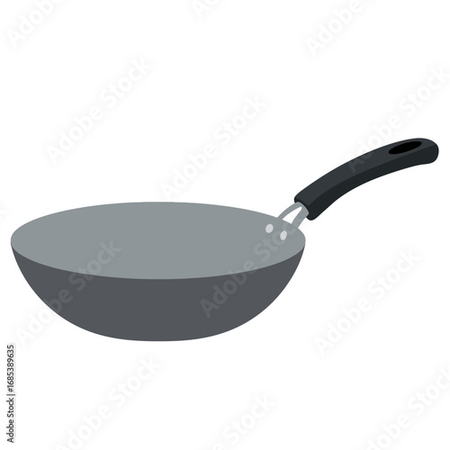 A simple clean illustration of a grey wok with a black handle on a white background perfect for cooking concepts