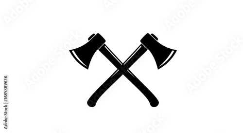 Two crossed vintage style axes with rough texture and black silhouette on a clean white background representing strength and adventure
