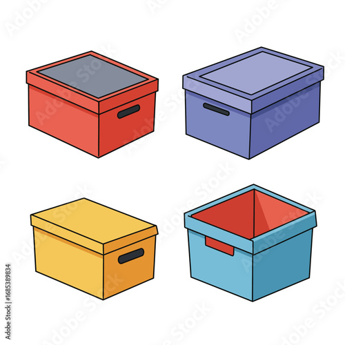 Four colorful storage boxes with lids and handles presented in a clean simple illustration style for organization and storage concepts