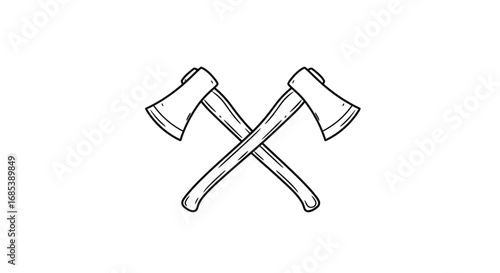 Two crossed axes in a hand drawn sketch style on a white background representing lumberjack or wilderness themes