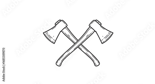 Two vintage crossed axes with textured handles and sharp metal blades depicted in a classic hand drawn sketch style on a white background