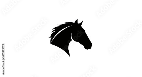 Elegant black silhouette of a powerful horse head with a flowing mane against a clean white background symbolizing strength and grace