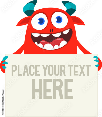 Catoon funny monster character holds banner paper sign for advertisement. Halloween illustration