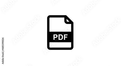 Simple black and white icon representing a pdf document with the letters pdf clearly visible on a dark band against a white page background