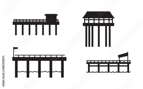 Silhouette Pier Vector Collection Diverse Pier Designs in Minimalist Black and White Graphic Illustration for Coastal Travel Nautical Decoration