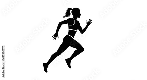 Silhouette of a fit woman with ponytail running at full speed wearing athletic clothing on a white background
