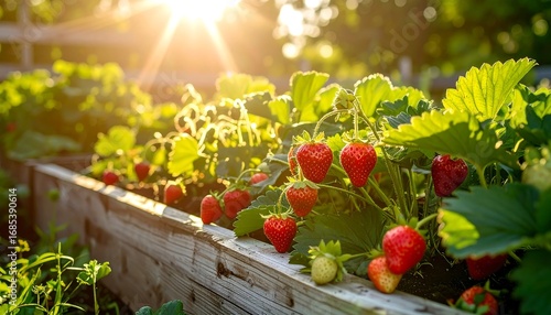 Fresh strawberries in a garden bed at sunset
