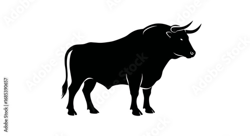 Powerful black silhouette of a majestic bull standing firmly against a white background symbolizing strength and determination