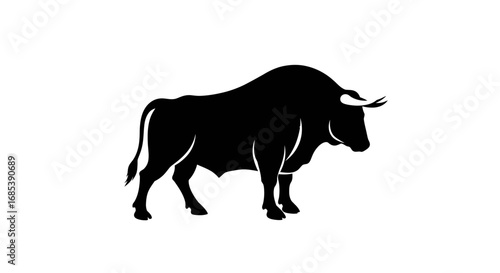 Powerful black silhouette of a muscular bull standing confidently on a white background symbolizing strength and determination
