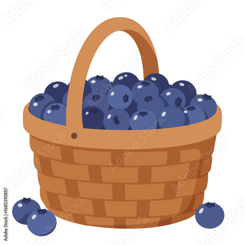 A rustic woven wicker basket overflowing with ripe fresh blueberries a healthy and delicious fruit for summer eating and baking