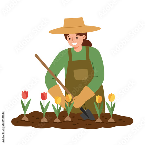 A cheerful woman wearing a straw hat and apron plants colorful tulips in a garden bed with a shovel and rake