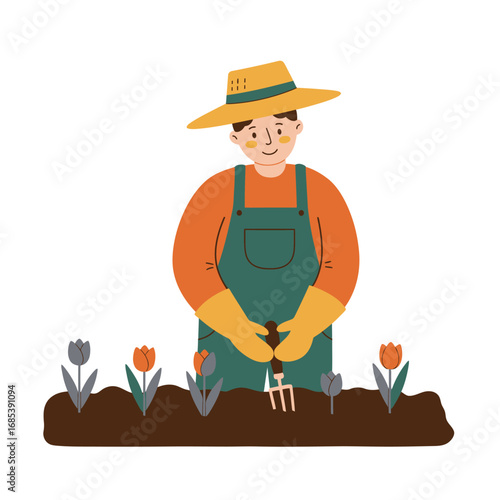 A cheerful gardener wearing a straw hat and overalls plants colorful tulips in a garden bed on a bright spring day
