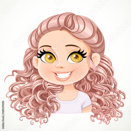Beautiful girl with powdery pink  with magnificent curly hair gathered at the nape portrait isolated on white background