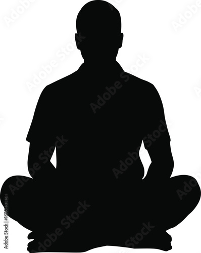 Black silhouette of meditating man in lotus yoga pose, sitting cross legged on ground isolated on white background vector illustration