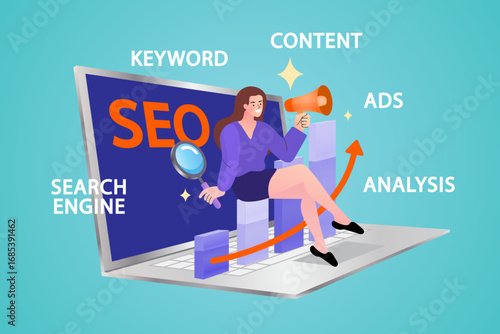 A woman performs SEO and digital marketing tasks on a giant laptop, analyzing keywords, content, and ads for search engine optimization. A vector concept for strategy, online advertising, and business