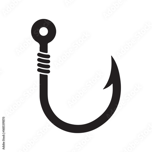 Simple Black Fishing Hook Illustration on White Background for Outdoors Adventures and Nautical Themes Stock Image