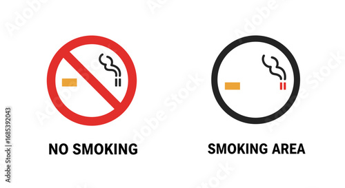Clear visual comparison of a red prohibition circle indicating no smoking alongside a black circle designating a smoking area