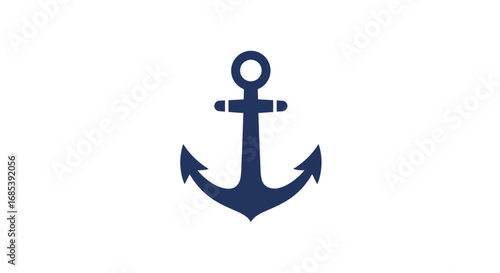 A simple stylized dark blue nautical anchor symbol isolated on a clean white background representing maritime themes and seafaring adventures