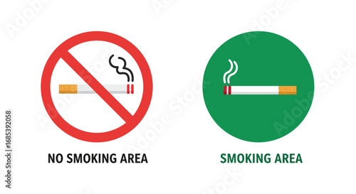 Clear visual comparison of a red prohibition circle with a cigarette indicating a no smoking area next to a green oval with a cigarette signifying a smoking area