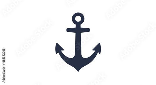 A simple dark blue silhouette of a classic nautical anchor with two flukes and a shank isolated on a white background