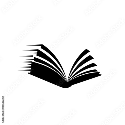 Stylized black open book with pages fanning out creating a sense of motion and learning against a white background
