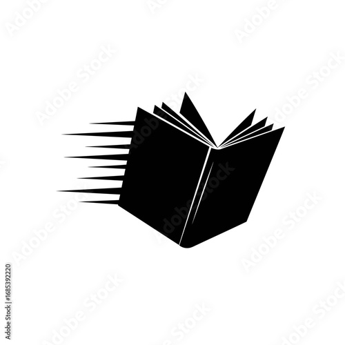 Silhouette of an open book with pages appearing to fly or move quickly symbolizing fast reading or knowledge transfer