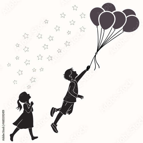Silhouette of boy flying with balloons as girl watches under a star filled sky in monochrome art vector illustration
