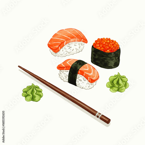 Fresh salmon nigiri and ikura gunkan sushi with wasabi and chopsticks for a delicious Japanese meal. Watercolor