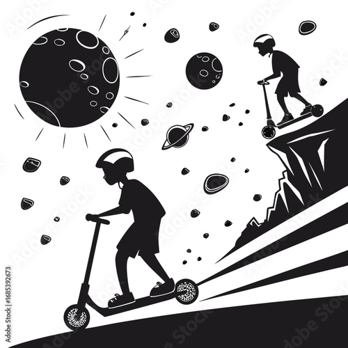 Two boys riding scooters among planets and asteroids in a black and white space themed illustration vector illustration