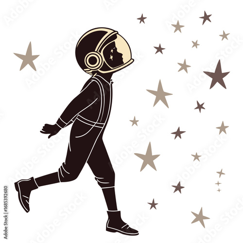 Silhouette of a child in an astronaut suit surrounded by various sizes of star shapes on white backdrop vector illustration