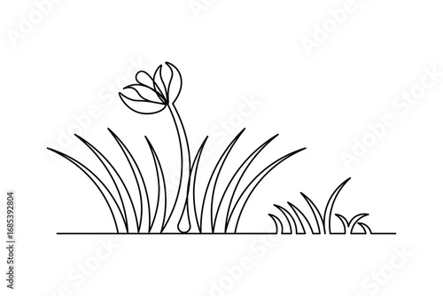 Simple grass and flowers one line art minimal outline vector design

