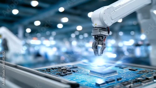 A factory deploys a robotic inspector for circuit boards with cameras zooming lights scanning defective parts flagged and a technician reviewing results depicted in a
