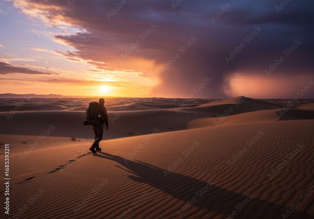 Obraz premium Lone traveler walks across vast desert dunes at sunset with storm clouds approaching sand