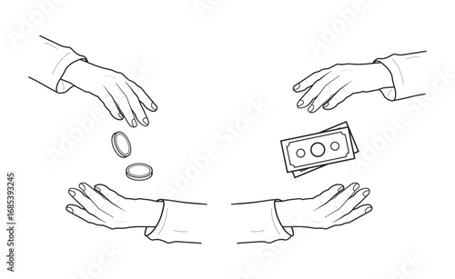Bundle set outline illustration of a hand giving money to another receiving hand, symbolizing charity, donation, contribution, support, begging, and fundraising.