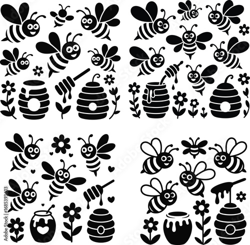 Happy bees honey pots flowers and honey dippers black and white