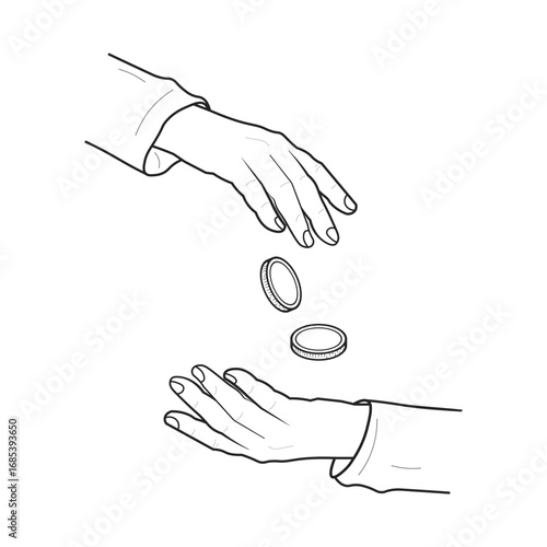 Isolated outline illustration of a hand giving money to another receiving hand, symbolizing charity, donation, contribution, support, begging, and fundraising.