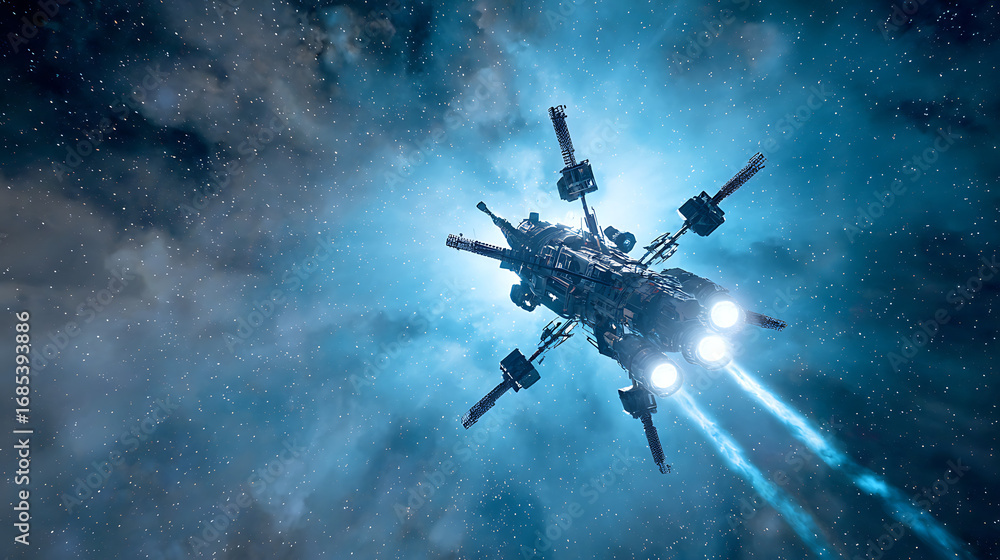 Naklejka premium An exploration spaceship launching a research drone, mid-journey in the uncharted cosmos (1)